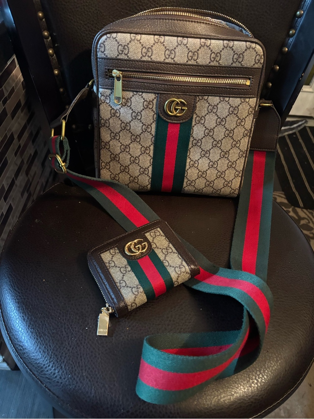 GG Monogram Messenger Bag with Green-Red Stripe - Brown